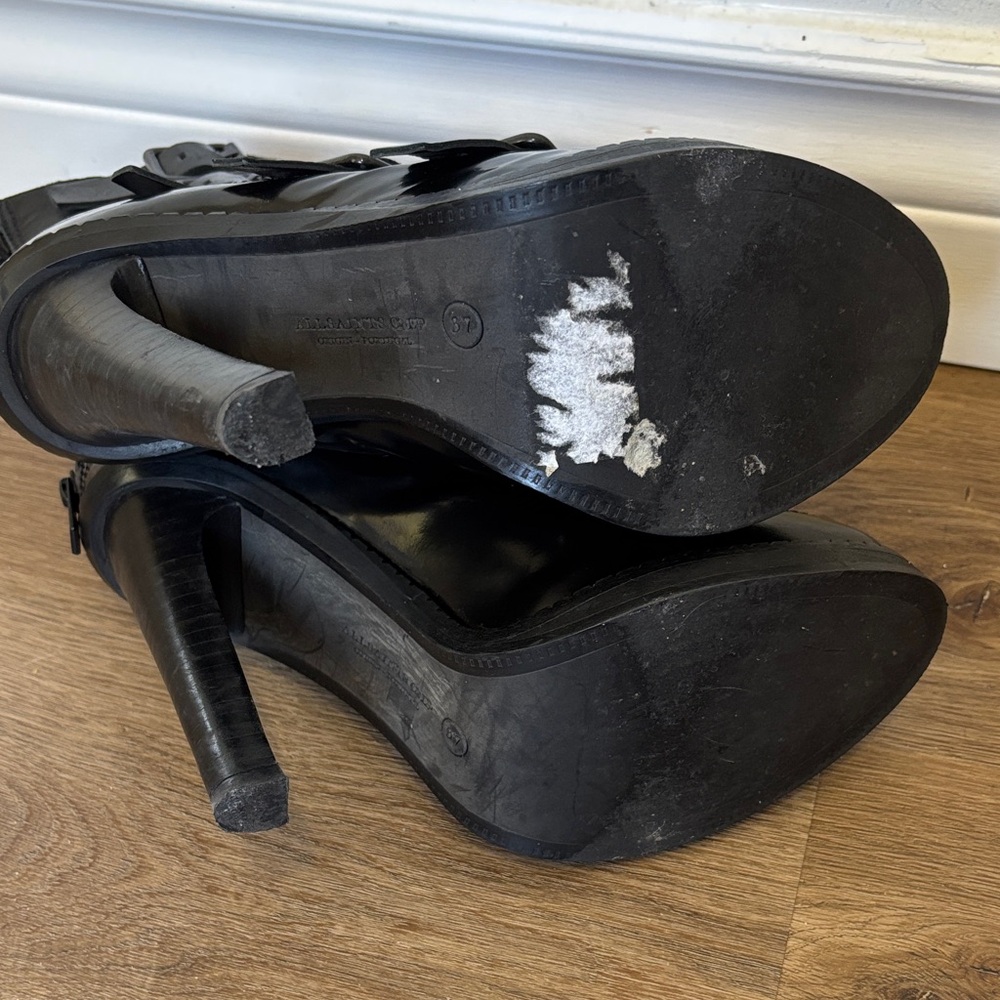 ALL SAINTS ‘Widow’ Black Leather Multi-Buckle Platform Heeled Boots 37 - Picture 11 of 12
